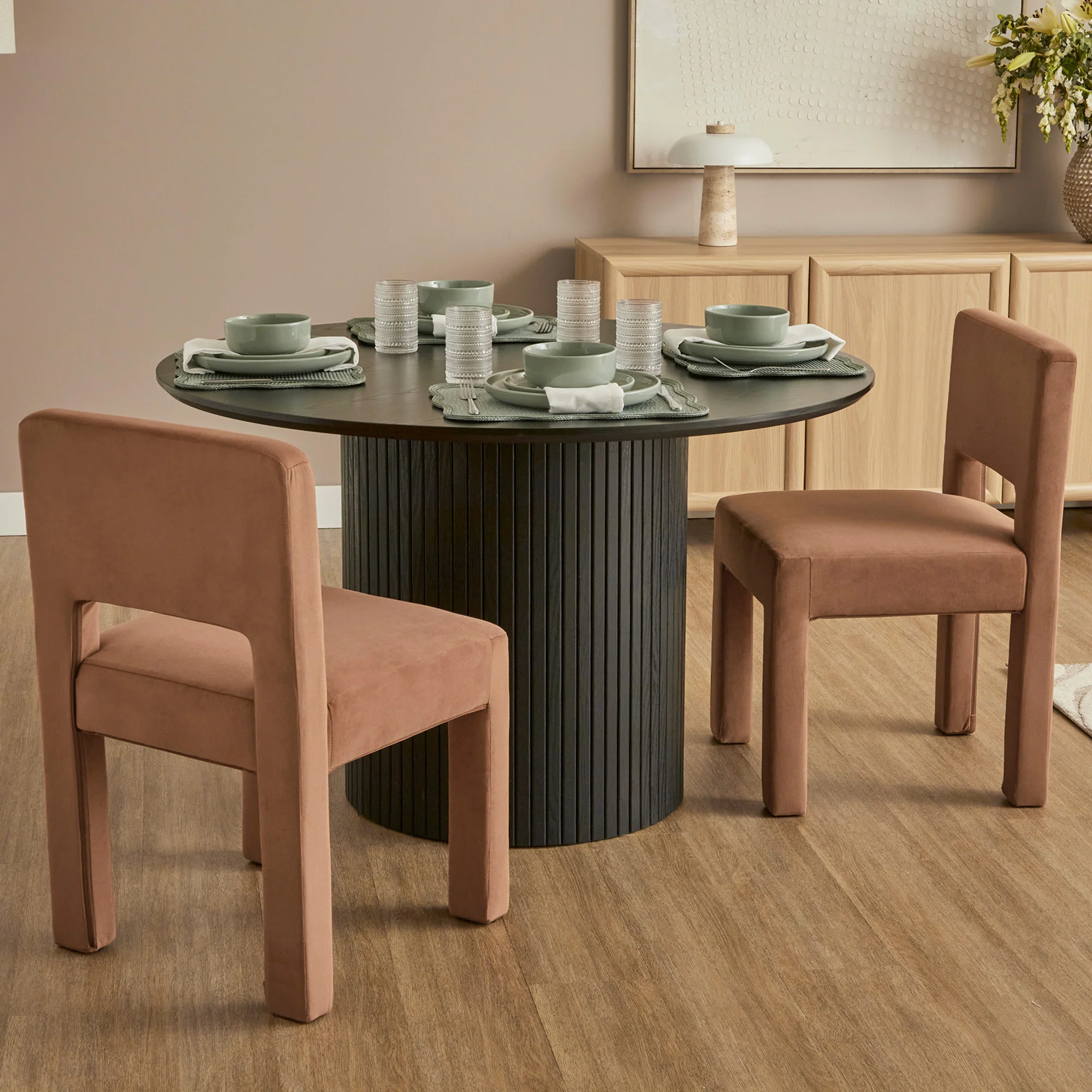 Cove Dining Table Black and Claude Set of 4 Dining Chairs Rust Set - Image 2