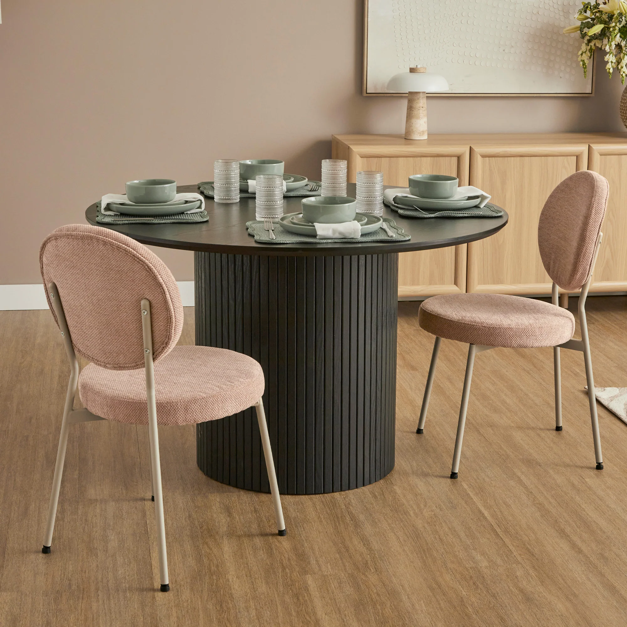 Cove Dining Table Black and Dora Set of 4 Dining Chairs Pink and Grey Set - Image 2
