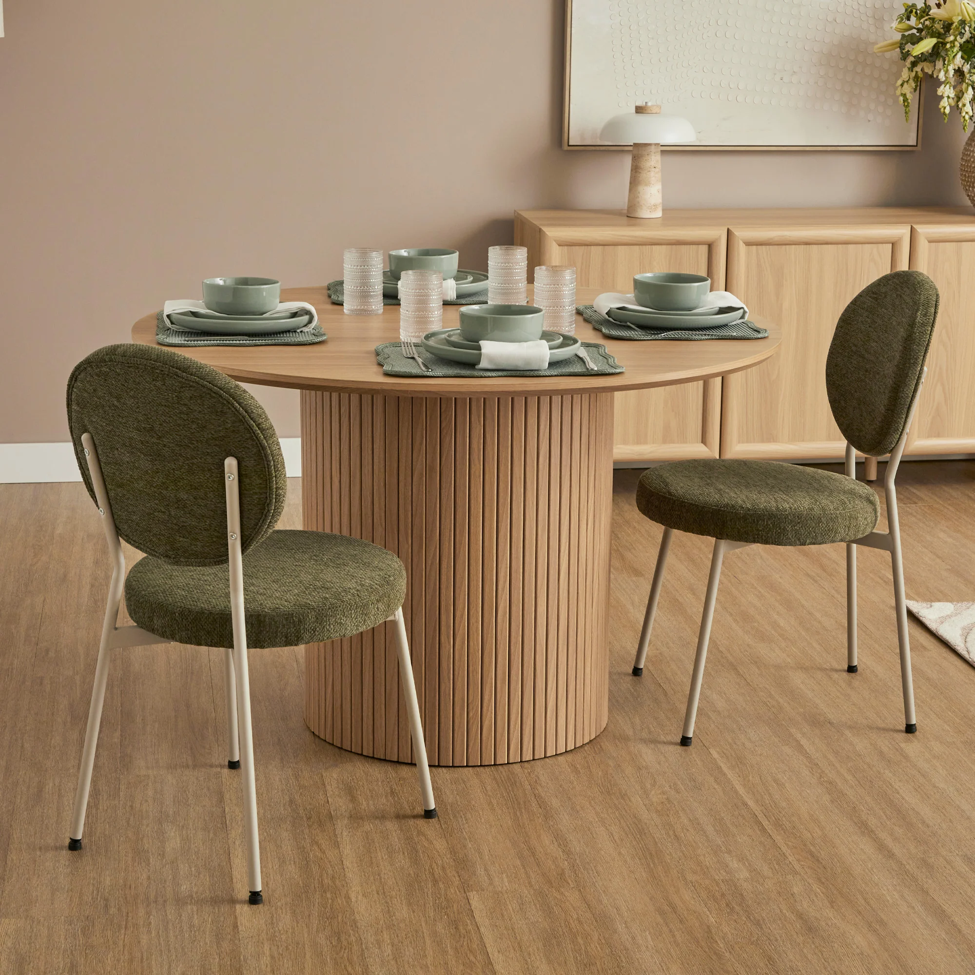 Cove Dining Table Oak and Dora Set of 4 Dining Chairs Green Set - Image 2