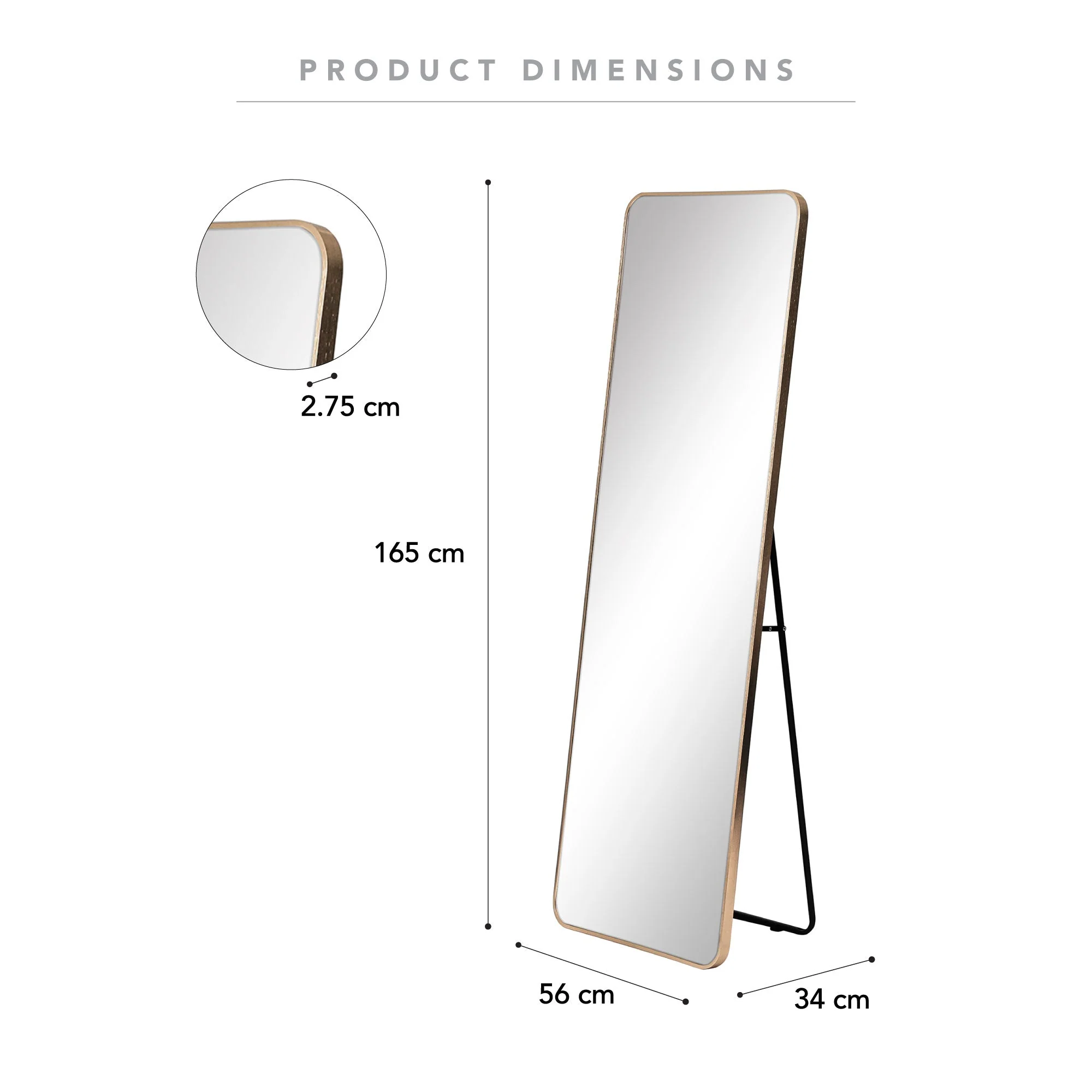 Elle 165cm Rectangle Standing Full Length Mirror Gold - Image 3