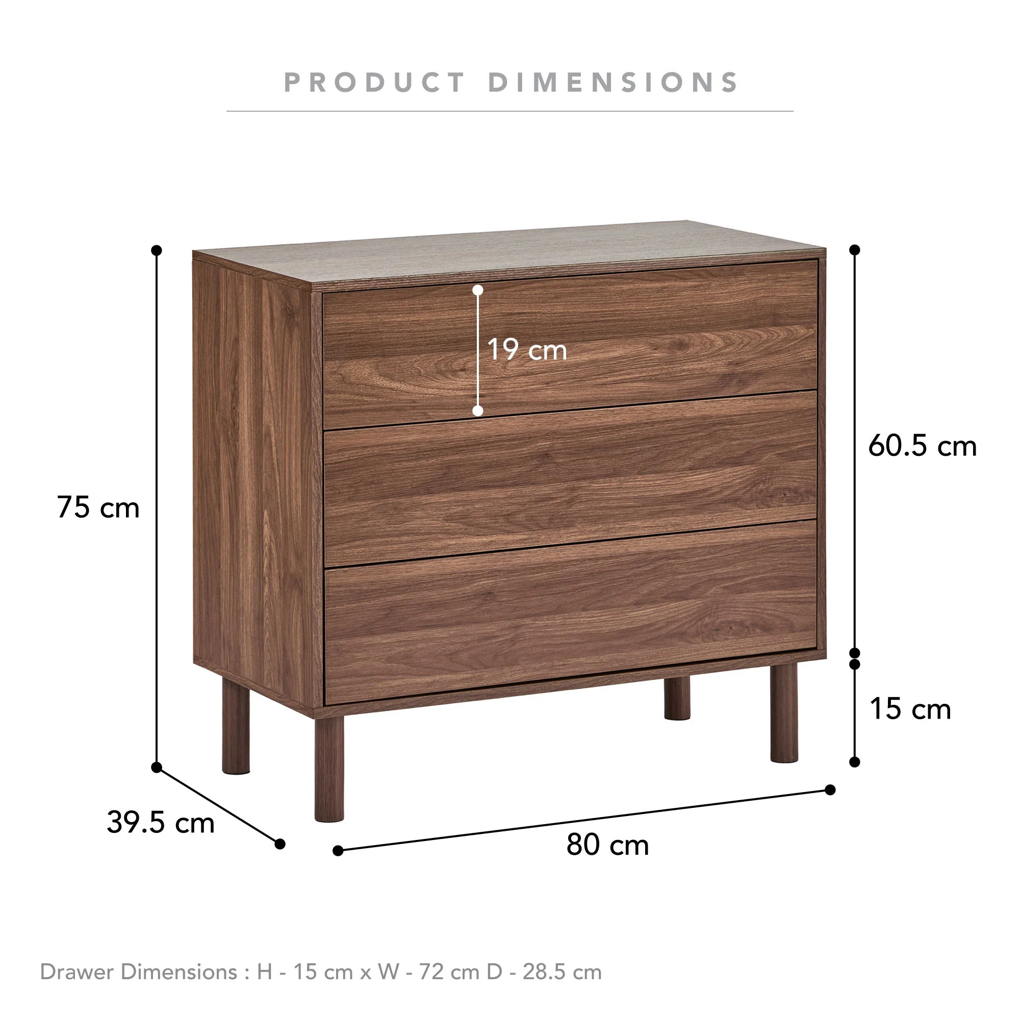 Norquay Chest of 3 Drawers Walnut - Image 3